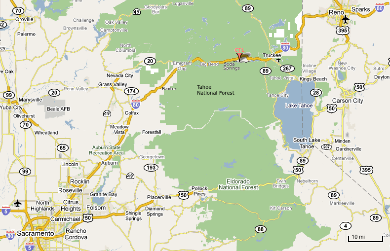 Tahoe Area Map, Sacramento, Reno, Auburn, Truckee, Nevada City, Grass Valley, Tahoe City, Hwy 80, Hwy 89