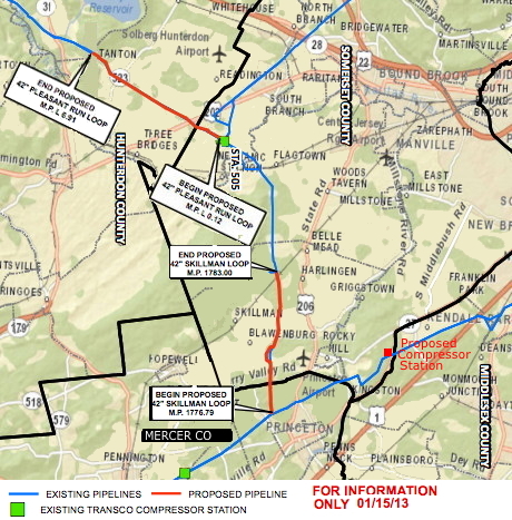 Transco pipeline, New jersey, map, Pleasant Run Loop, Skillman Loop, Leidy Southeast Expansion Project, Franklin Township, Princeton Township, Hunterdon, Mercer, Somerset