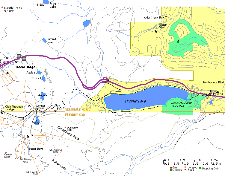 Donner Lake, Flora Lake, Mt. Judah, Donner Peak, Castle Peak, Mount Lincoln, Roller Pass, Coldstream Pass, Summit Lake