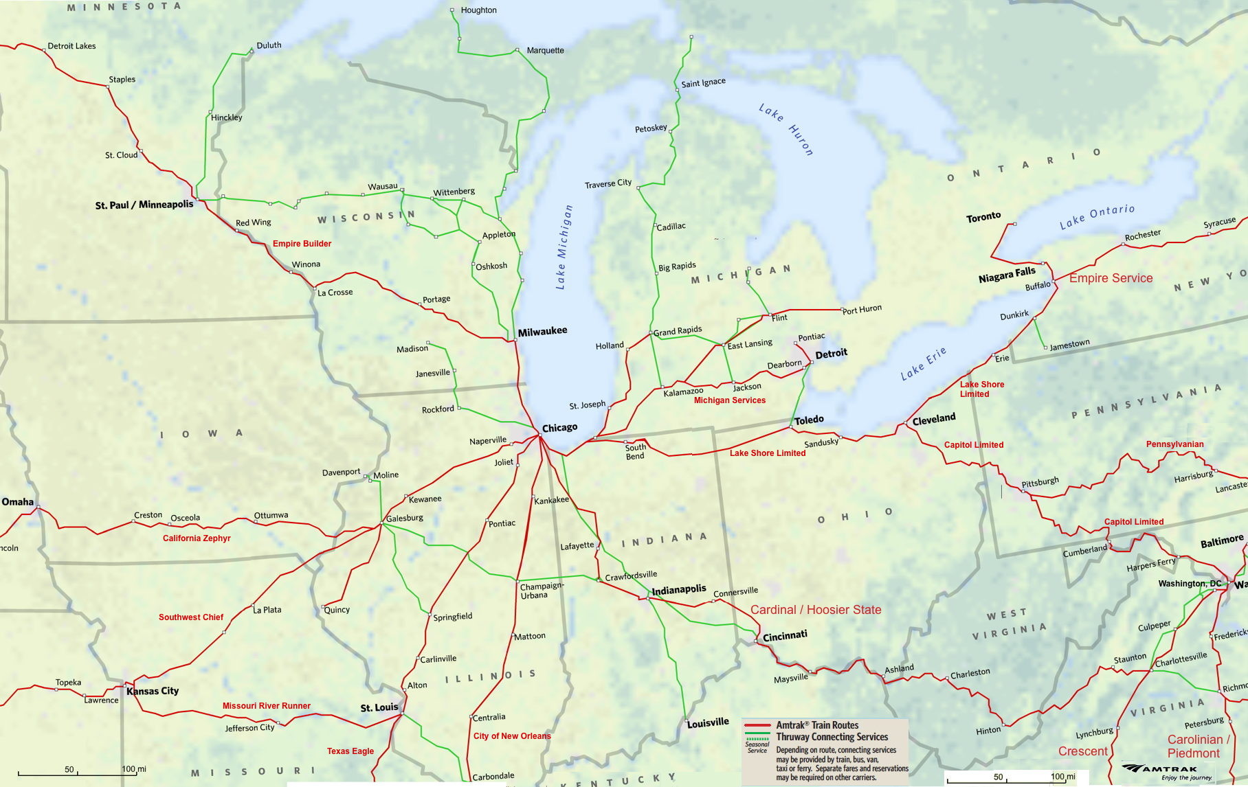 Midwest Amtrak Route Map, Alliance, OH (Canton); Cleveland, OH; Elyria, OH (Lorain); Sandusky, OH; Toledo, OH; Detroit, E. Lansing; Waterloo, IN (Ft. Wayne); Elkhart, IN; South Bend, IN; Chicago, IL-Union Station; Madison; Culpeper, VA; Charlottesville, VA; Richmond; Staunton, VA; Clifton Forge, VA (Homestead); White Sulphur Springs, WV; (Greenbrier); Alderson, WV; Hinton, WV; Prince, WV (Beckley); Thurmond, WV; Montgomery, WV; Charleston, WV; Huntington, WV; Ashland, KY (Kenova, WV); So. Portsmouth-So. Shore, KY; Maysville, KY; Cincinnati, OH-Union Terminal; Connersville, IN; Indianapolis, IN; Galesburg, Champaign, IN; Crawfordsville, IN; Lafayette, IN; Rensselaer, IN; Dyer, IN; Chicago, IL-Union Station; Kankakee, IL; Champaign-Urbana, IL; Mattoon, IL; Centralia, IL; Pontiac, IL; Carlinville, IL; Alton, IL; St. Louis, MO; Milwaukee, WI; Portage, WI; La Crosse, WI; Winona, MN; South Bend, IN; Toledo, OH; Cleveland, OH; Erie, PA; Dunkirk, NY; Buffalo, NY; Niagara Falls, NY; Toronto, Canada; Rochester, NY; Syracuse, NY; Kalamazoo, MI; Jackson, MI; Dearborn, MI; Detroit, MI; East Lansing, MI; Flint, MI; Port Huron, MI; Grand Rapids, MI; St. Joseph, MI; Holland, MI; ROchester; Red Wing, MN; Minneapolis, MN; St. Paul, MN; St. Cloud, MN; Staples, MN; Detroit Lakes, MN; Washington, DC; Charlottesville, VA; Rockville, MD; Harpers Ferry, WV (Frederick, MD); Martinsburg, WV (Hagerstown); Cumberland, MD; Connellsville, PA; Pittsburgh, PA;  Jefferson City, MO; Kansas City, MO; Topeka, KS; Lawrence, KS; Omaha, NE; Osceola, IA; Creston, IA; Ottumwa, IA; La Plata, MO; California Zephyr, Capitol Limited, Cardinal / Hoosier State, City of New Orleans, Empire Builder, Hiawatha, Illinois Services, Lake Shore Limited, Michigan Services, Missouri River Runner, Southwest Chief, Texas Eagle 