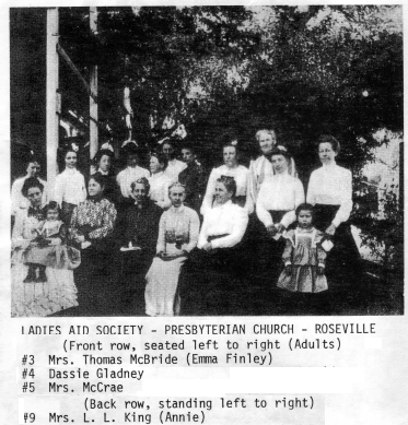 First Presbyterian Church of Roseville, ladies aid society, Mrs. Thomas McBride, Emma Finley, Dassie Gladney, Mrs. McCrae, Mrs. L. L. King, Annie King