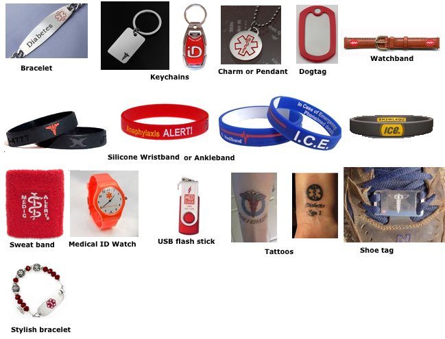 Medical IDs, bracelets (wrist, ankle), necklaces, running shoe pouches, watch inscriptions, tattoos,