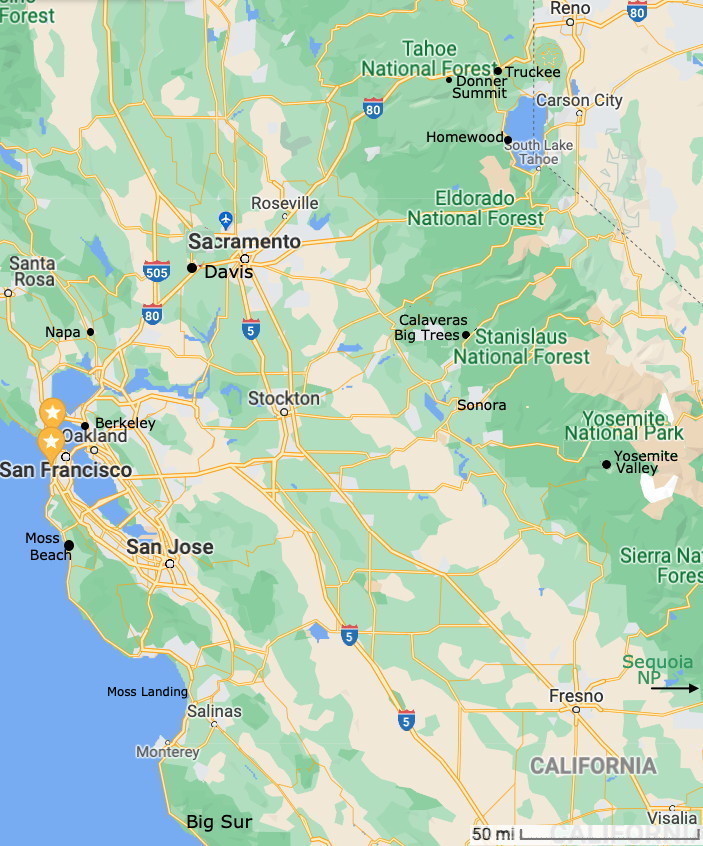 San Francisco, Monterey, Yosemite, Lake Tahoe, Big Sur, Calaveras Big Trees