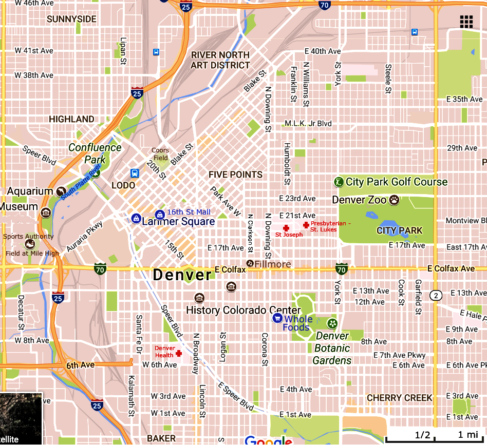 denver downtown, hospitals, Union Station, Fillmore, Sports authority field at mile high, larimer square, Cherry hill, 