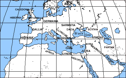 Roman Empire, Sarmatia, Germania, Gallia, Hispania, Scythia, Judea, Syria
Mesopotamia, Britannia, Hibernia, Caledonia, Dacia, Armenia, Parthia, Macedonia